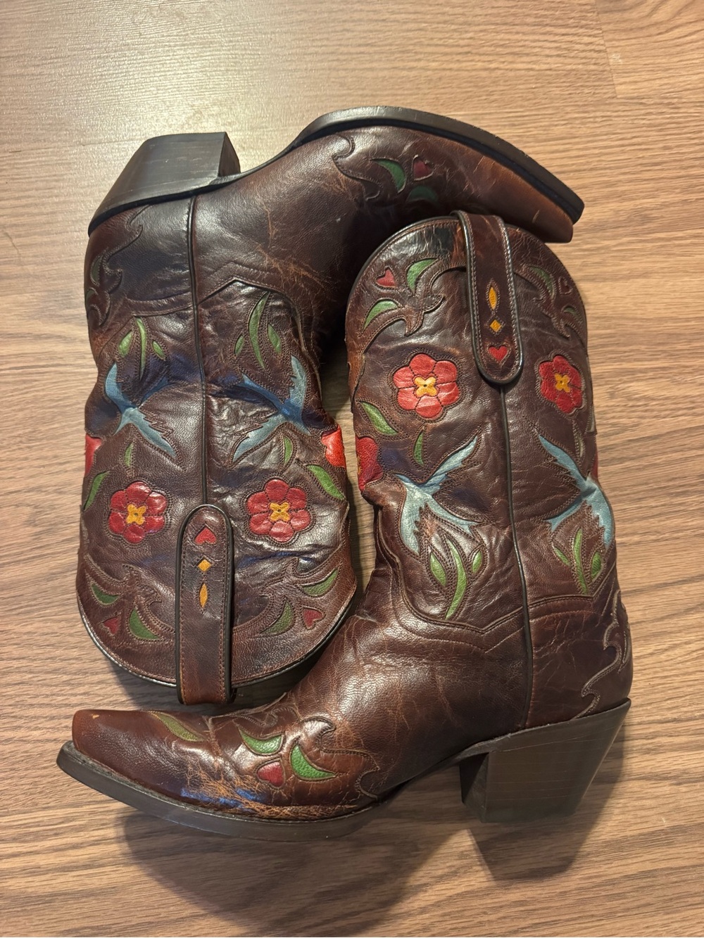 Dan Post Brown Leather Western Boots with Floral Embroidery